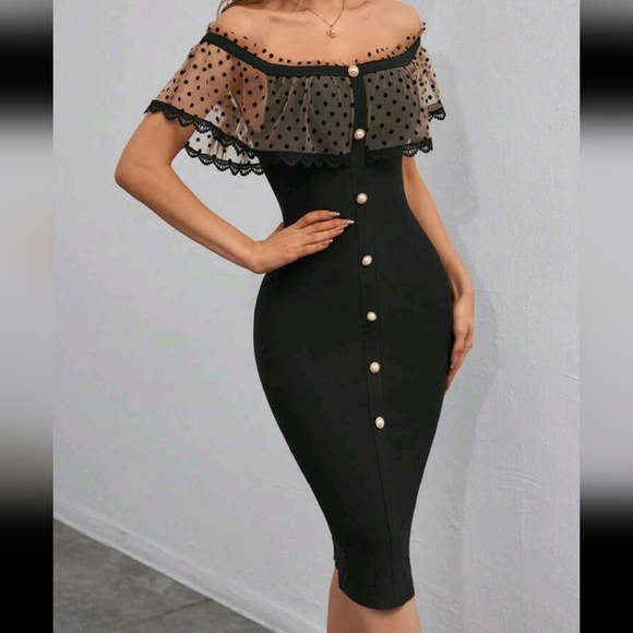Wedding Guests Elegant Polka Mesh Off Shoulder Ruffle Trim Button Front Bodycon - Picture 4 of 4